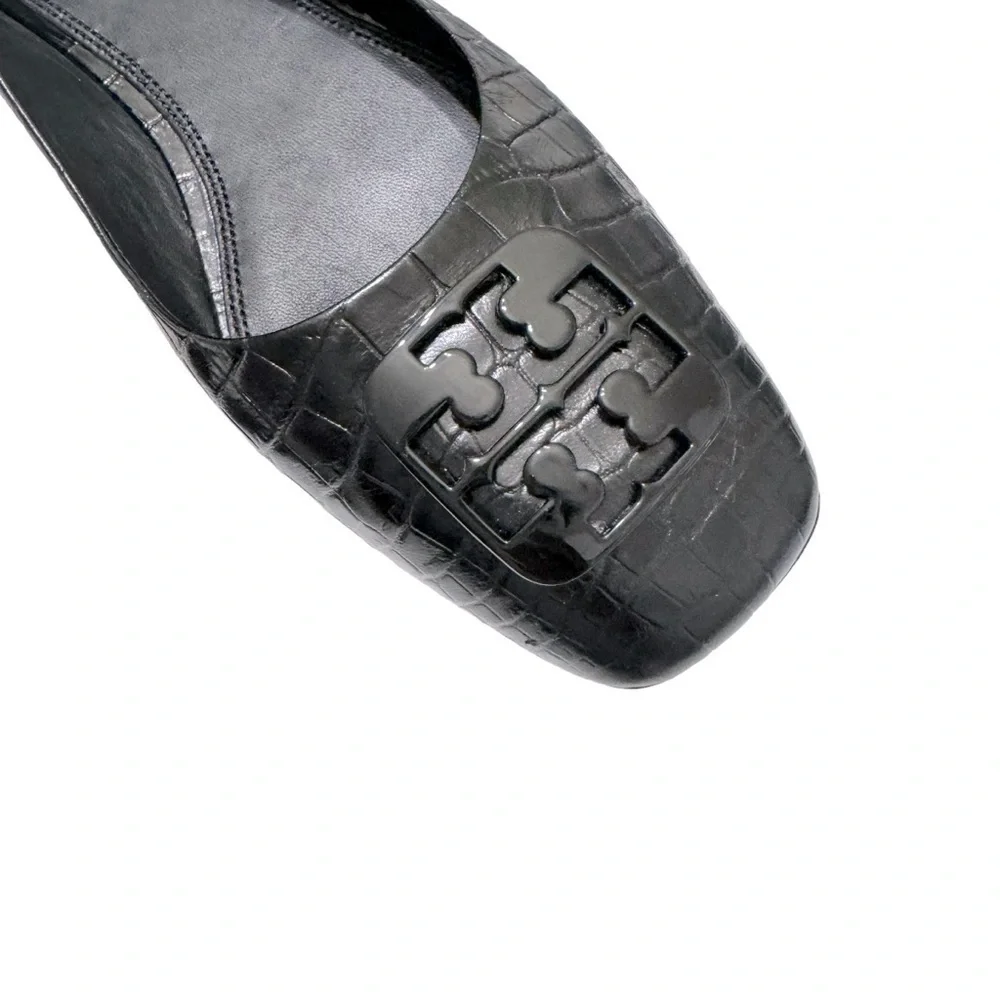 New Tory Burch Black square toe Georgia Croc-Embossed Leather Ballet Flat‎ 10.5